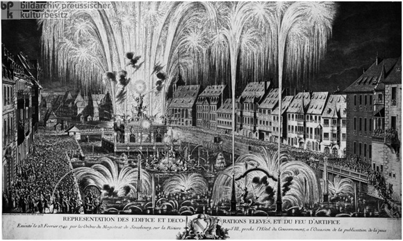 Freudenfeuerwerk in Straßburg anlässlich der Friedensdeklaration nach dem österreichischen Erbfolgekrieg am 23. Februar 1749 (1749)